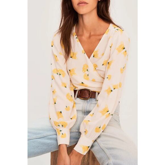 BA&SH Koxie Floral Print Crepe Wrap Top in Yellow size Small - Picture 1 of 12